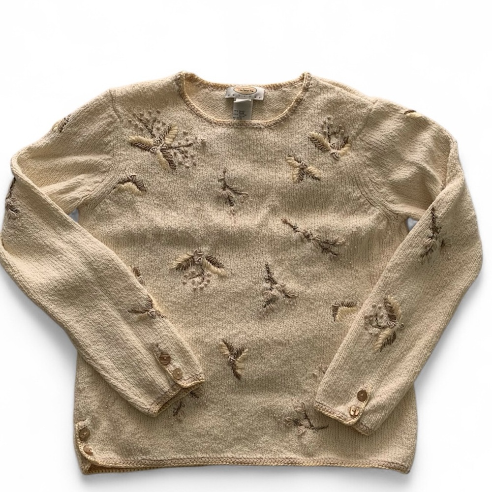 Talbots Cream Sweater with Embroidered Accents and Side Button Detail Size Small